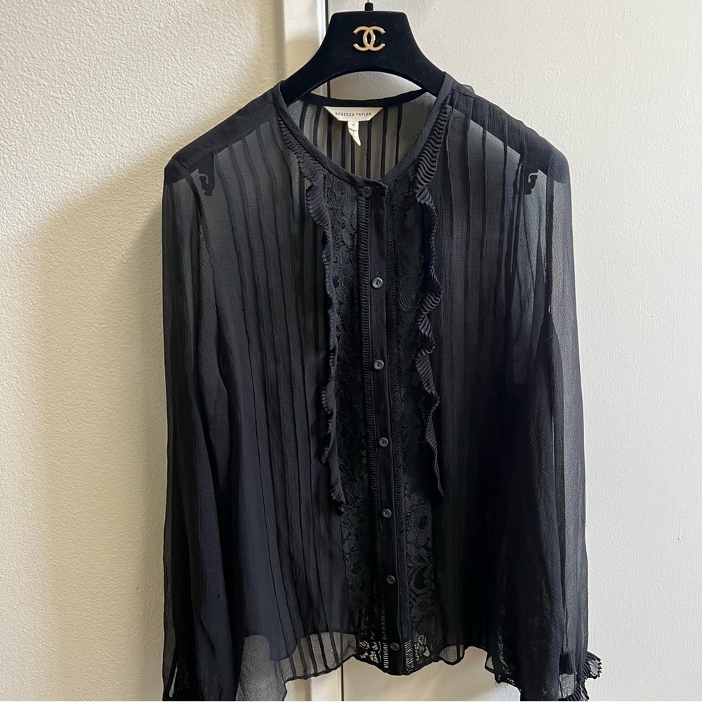 Rebecca Taylor Black Crewneck Long Sleeves Ruffled Button Up Sheer Blouse 12 - Picture 4 of 12